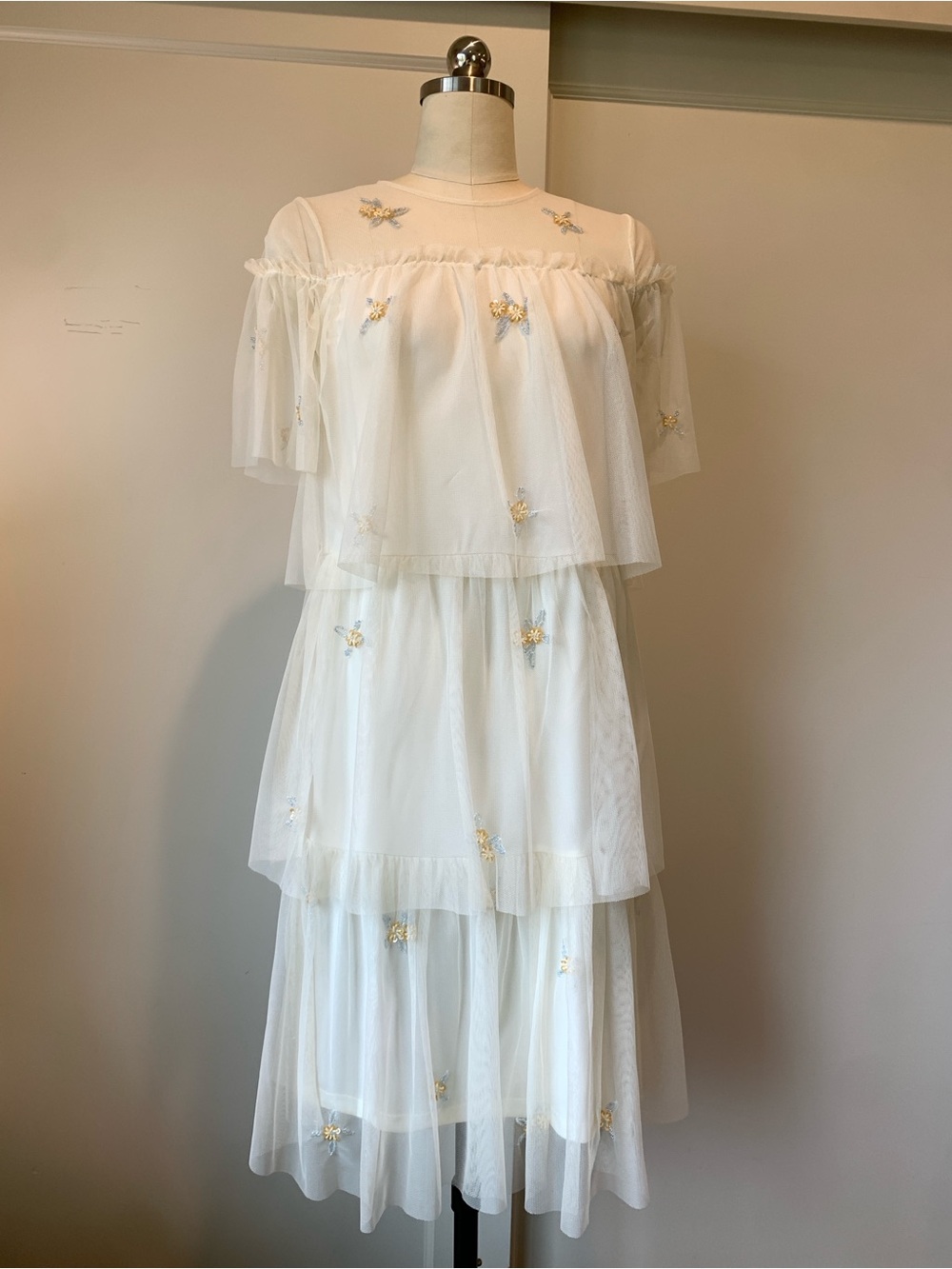 Girls Zara Cream Tiered Midi Dress with Gold Floral Appliqués